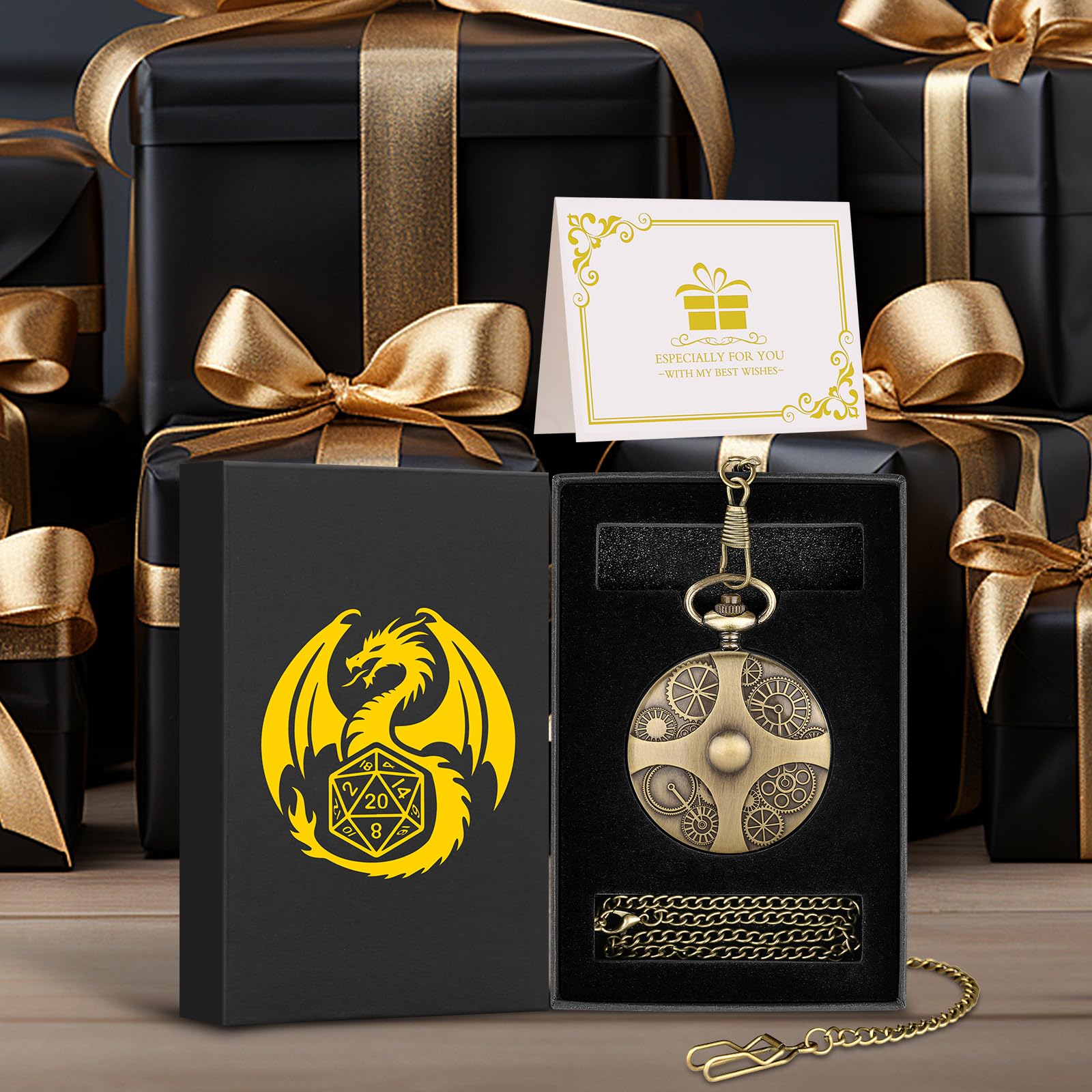 Mini DND Dice Set in Steampunk Pocket Watch Case - 7 Metal Polyhedral Dice with Gift Box