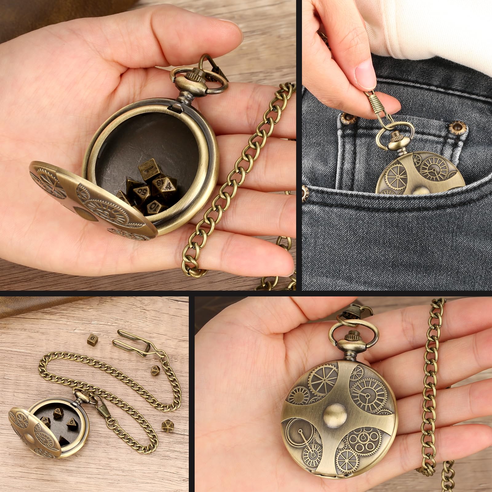 Mini DND Dice Set in Steampunk Pocket Watch Case - 7 Metal Polyhedral Dice with Gift Box