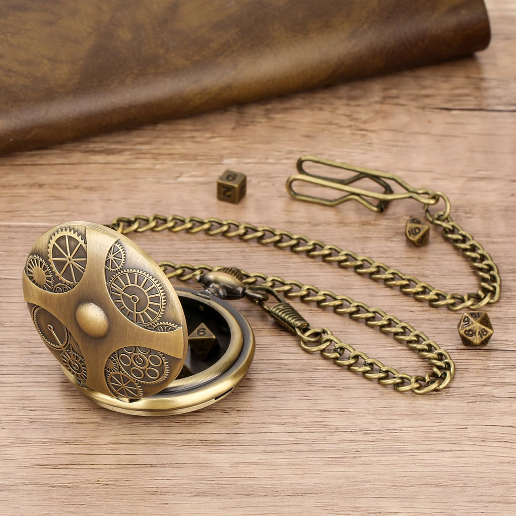 Mini DND Dice Set in Steampunk Pocket Watch Case - 7 Metal Polyhedral Dice with Gift Box