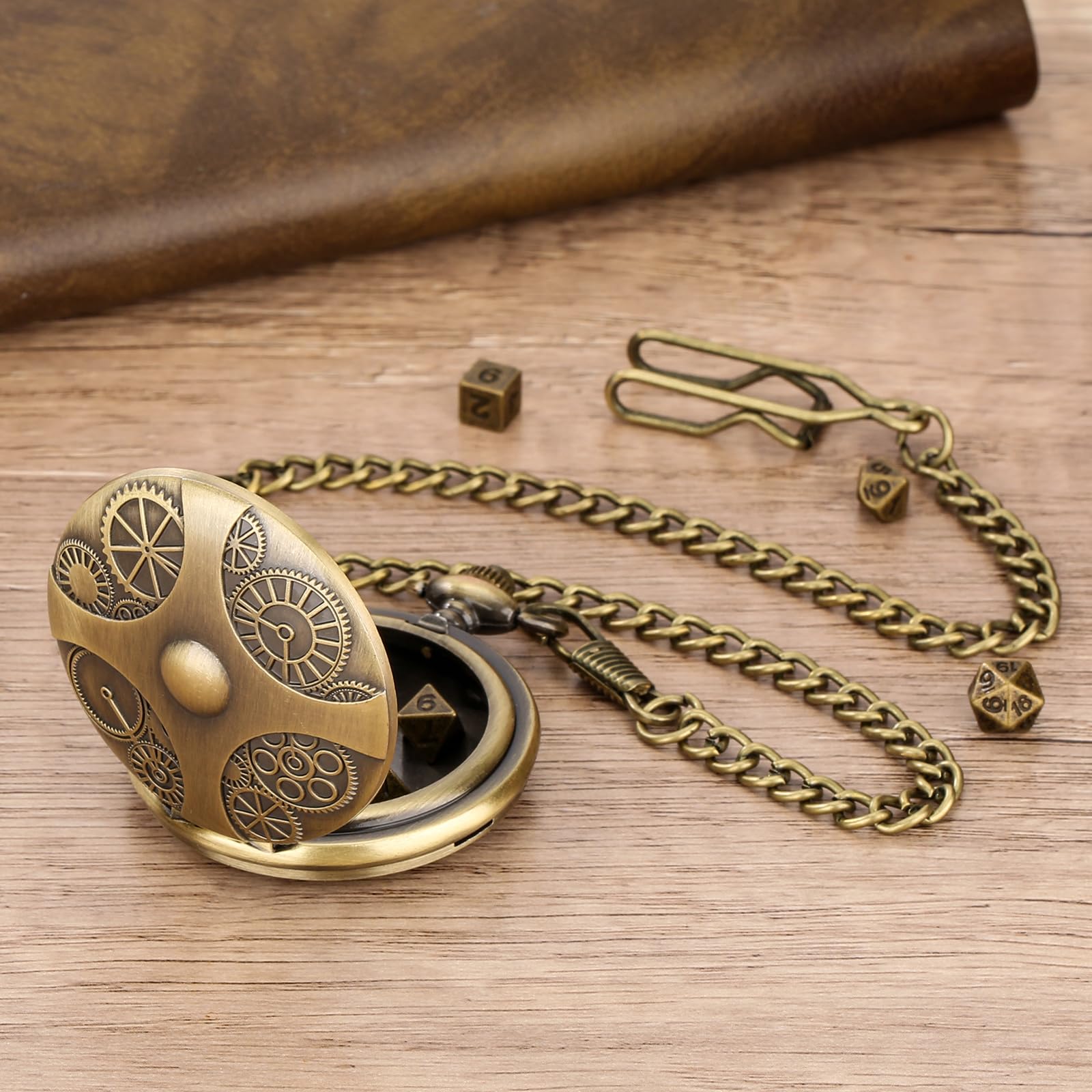 Mini DND Dice Set in Steampunk Pocket Watch Case - 7 Metal Polyhedral Dice with Gift Box