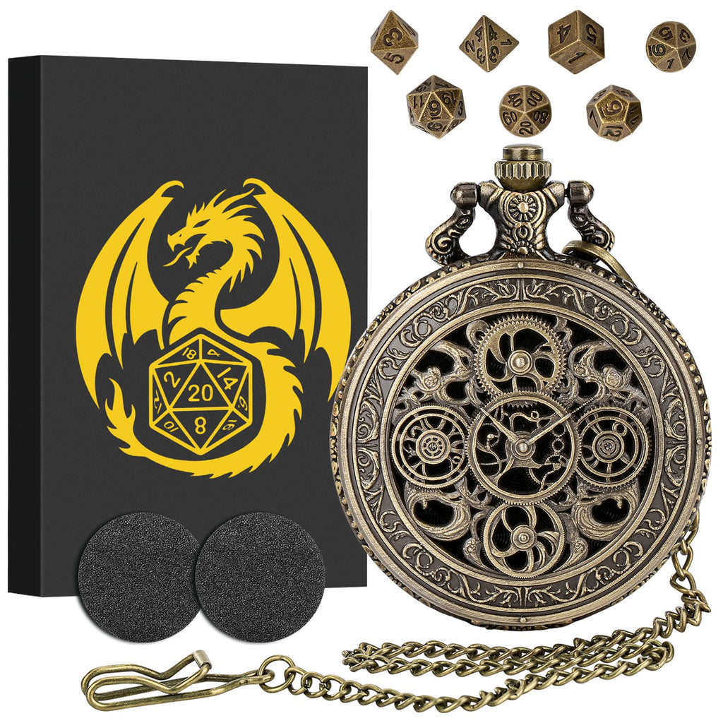 Mini DND Dice Set in Steampunk Pocket Watch Case – 7 Polyhedral Metal Dice, Zinc Alloy Hollow Gear Design, Gift Box Included (Bronze)