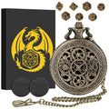 Mini DND Dice Set in Steampunk Pocket Watch Case – 7 Polyhedral Metal Dice, Zinc Alloy Hollow Gear Design, Gift Box Included (Bronze)