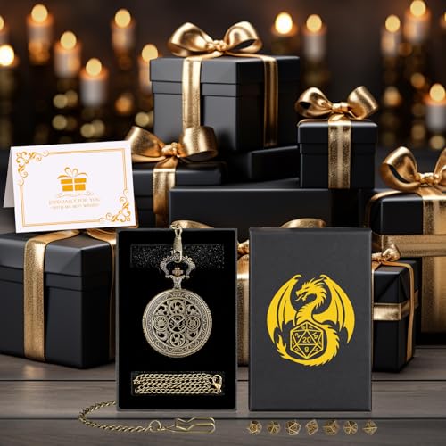 Mini DND Dice Set in Steampunk Pocket Watch Case – 7 Polyhedral Metal Dice, Zinc Alloy Hollow Gear Design, Gift Box Included (Bronze)