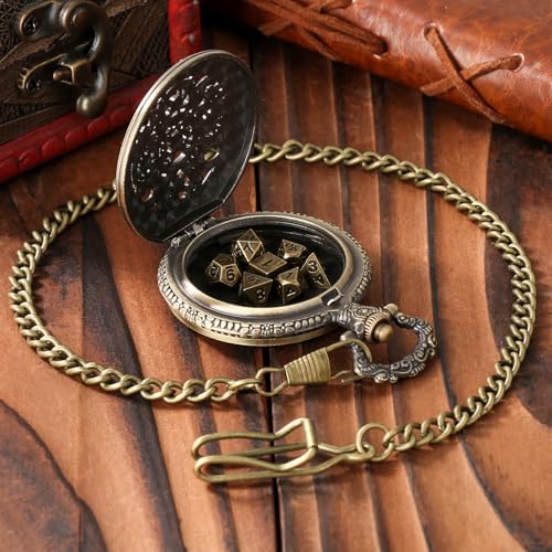 Mini DND Dice Set in Steampunk Pocket Watch Case – 7 Polyhedral Metal Dice, Zinc Alloy Hollow Gear Design, Gift Box Included (Bronze)