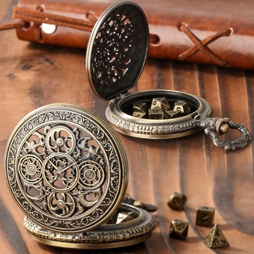 Mini DND Dice Set in Steampunk Pocket Watch Case – 7 Polyhedral Metal Dice, Zinc Alloy Hollow Gear Design, Gift Box Included (Bronze)