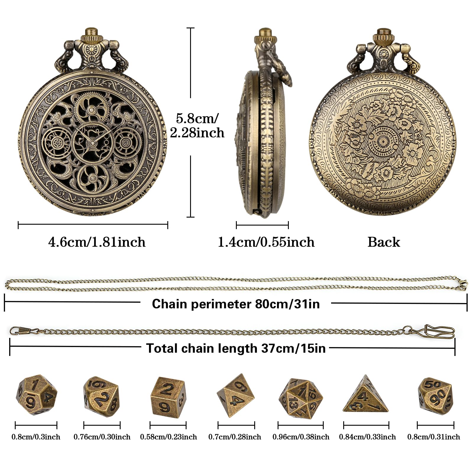 Mini DND Dice Set in Steampunk Pocket Watch Case – 7 Polyhedral Metal Dice, Zinc Alloy Hollow Gear Design, Gift Box Included (Bronze)