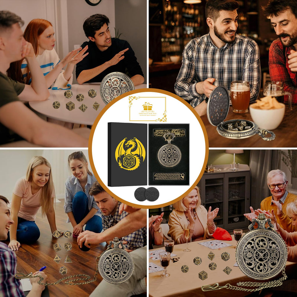 Mini DND Dice Set in Steampunk Pocket Watch Case – 7 Polyhedral Metal Dice, Zinc Alloy Hollow Gear Design, Gift Box Included (Bronze)