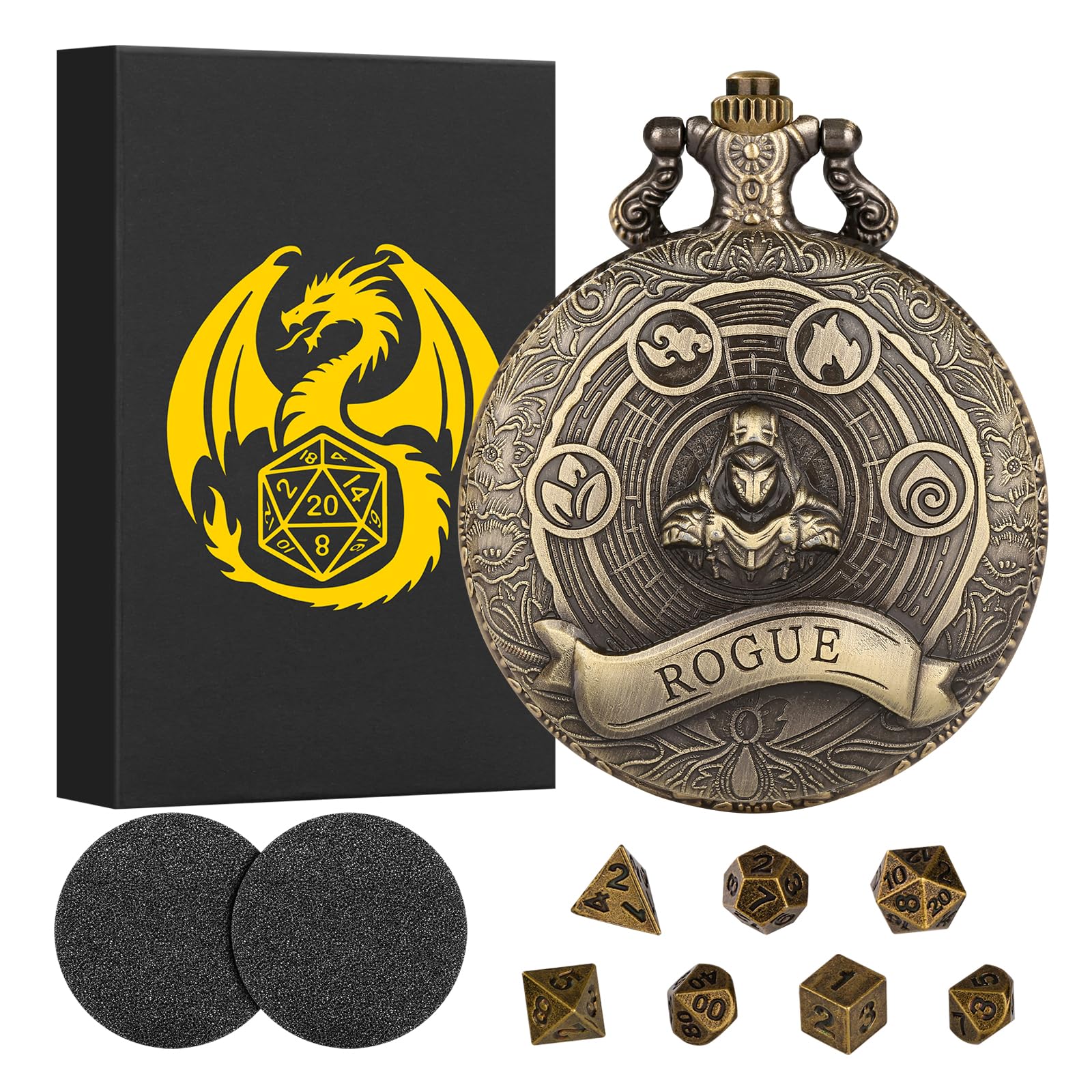 Mini DND Dice Set Steampunk Rogue Pocket Watch Case – 7 Polyhedral Metal Dice with Gift Box