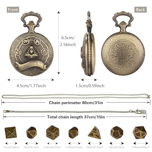 Mini DND Dice Set Steampunk Rogue Pocket Watch Case – 7 Polyhedral Metal Dice with Gift Box