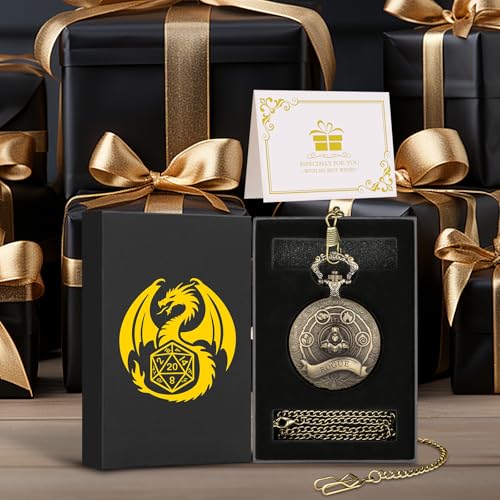 Mini DND Dice Set Steampunk Rogue Pocket Watch Case – 7 Polyhedral Metal Dice with Gift Box