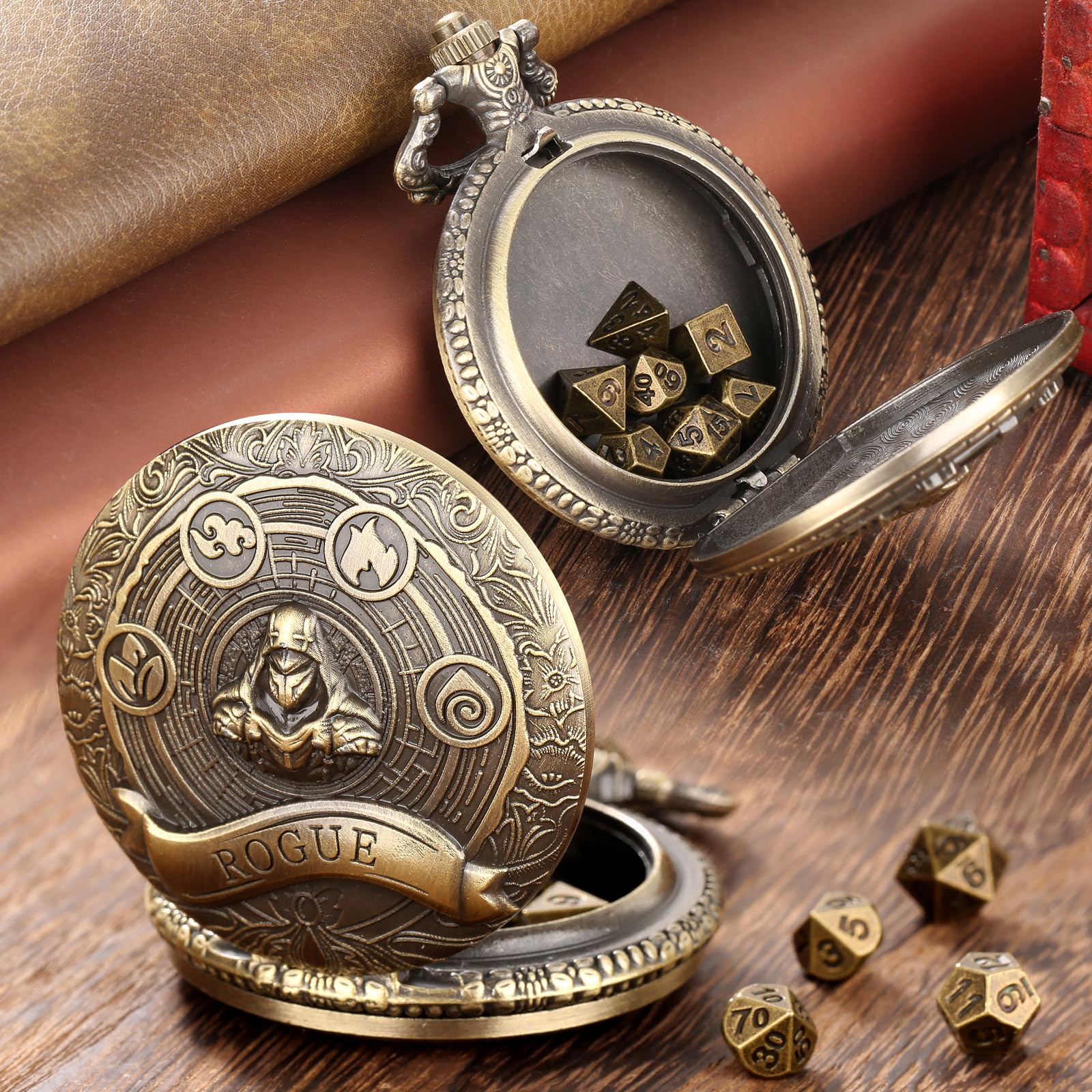 Mini DND Dice Set Steampunk Rogue Pocket Watch Case – 7 Polyhedral Metal Dice with Gift Box