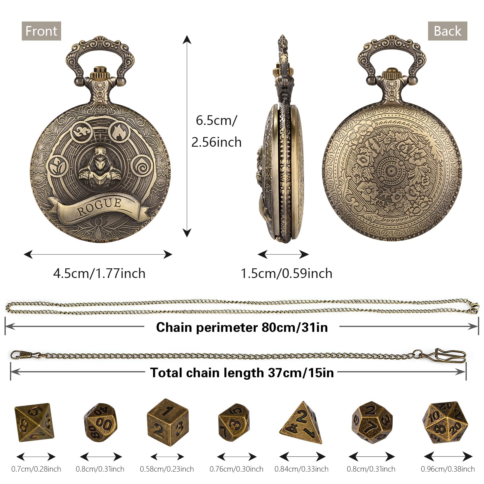 Mini DND Dice Set Steampunk Rogue Pocket Watch Case – 7 Polyhedral Metal Dice with Gift Box
