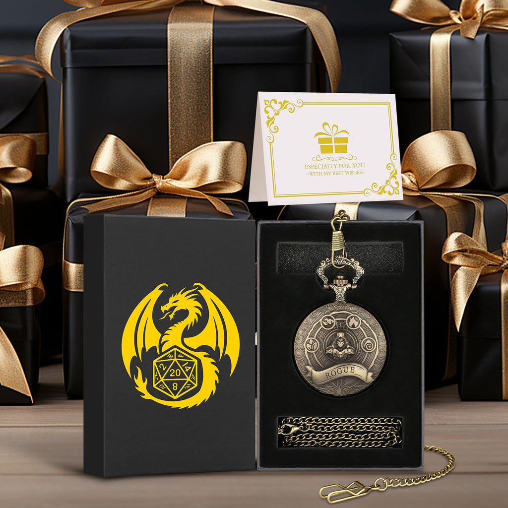Mini DND Dice Set Steampunk Rogue Pocket Watch Case – 7 Polyhedral Metal Dice with Gift Box