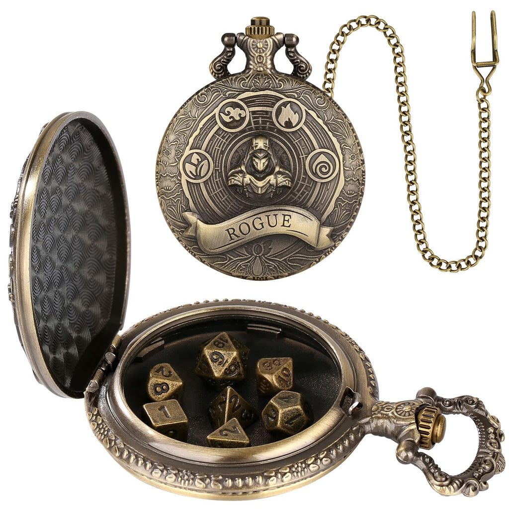 Mini DND Dice Set Steampunk Rogue Pocket Watch Case – 7 Polyhedral Metal Dice with Gift Box