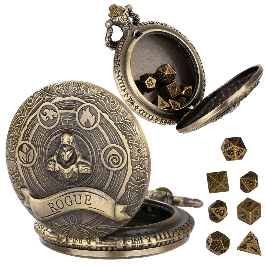 Mini DND Dice Set Steampunk Rogue Pocket Watch Case – 7 Polyhedral Metal Dice with Gift Box