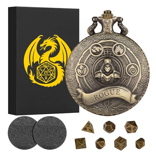 Mini DND Dice Set Steampunk Rogue Pocket Watch Case – 7 Polyhedral Metal Dice with Gift Box
