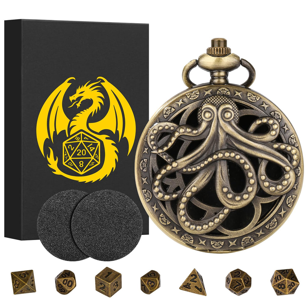 Mini DND Dice Set with Steampunk Octopus Pocket Watch Case – 7 Polyhedral Metal Dice for Role Playing Games