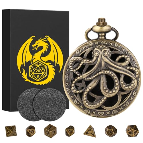Mini DND Dice Set with Steampunk Octopus Pocket Watch Case – 7 Polyhedral Metal Dice for Role Playing Games
