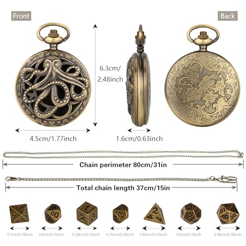 Mini DND Dice Set with Steampunk Octopus Pocket Watch Case – 7 Polyhedral Metal Dice for Role Playing Games