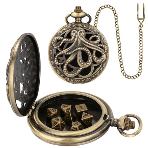 Mini DND Dice Set with Steampunk Octopus Pocket Watch Case – 7 Polyhedral Metal Dice for Role Playing Games