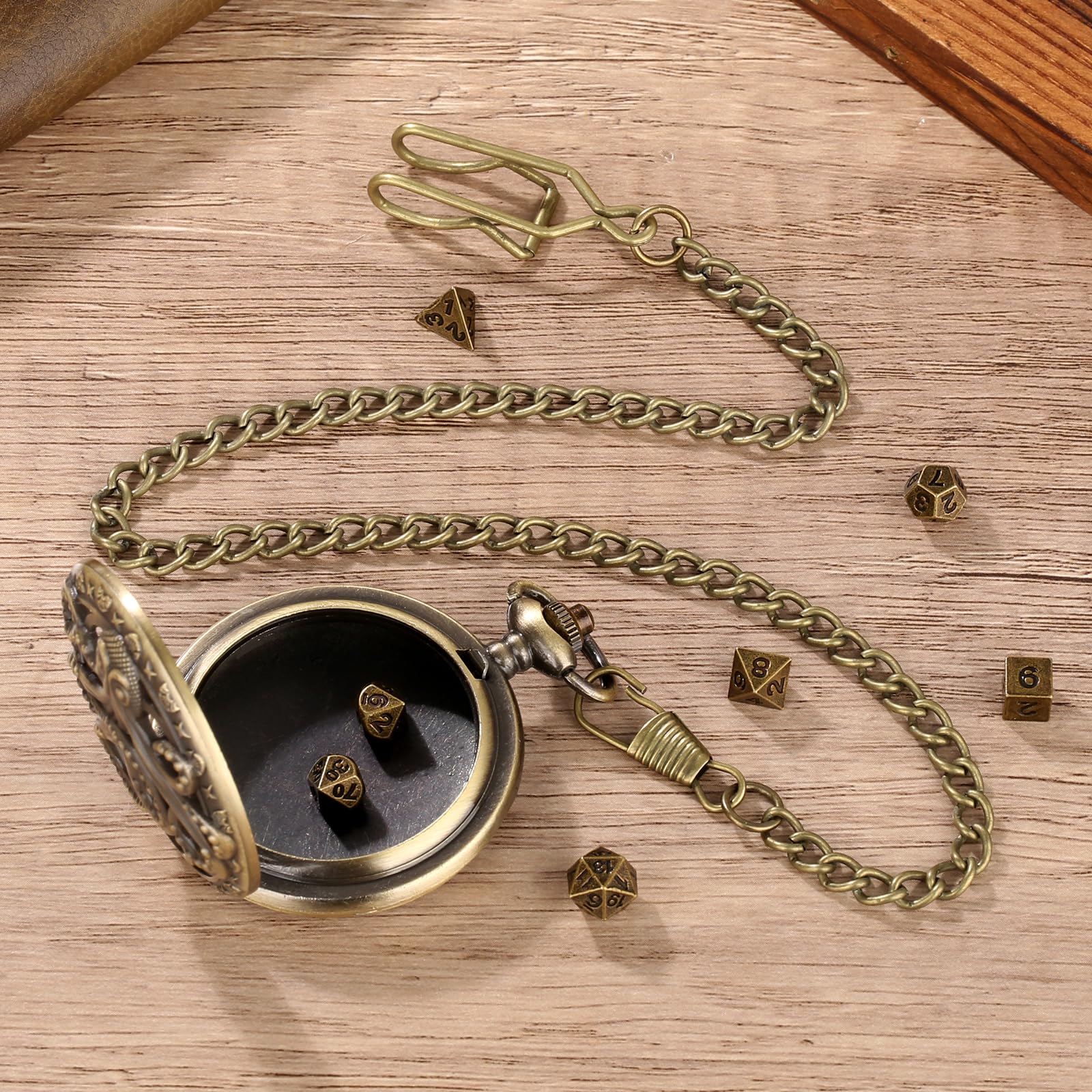 Mini DND Dice Set with Steampunk Octopus Pocket Watch Case – 7 Polyhedral Metal Dice for Role Playing Games