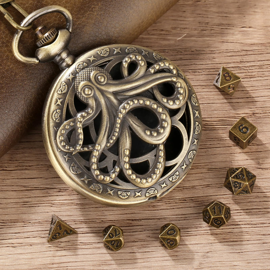 Mini DND Dice Set with Steampunk Octopus Pocket Watch Case – 7 Polyhedral Metal Dice for Role Playing Games