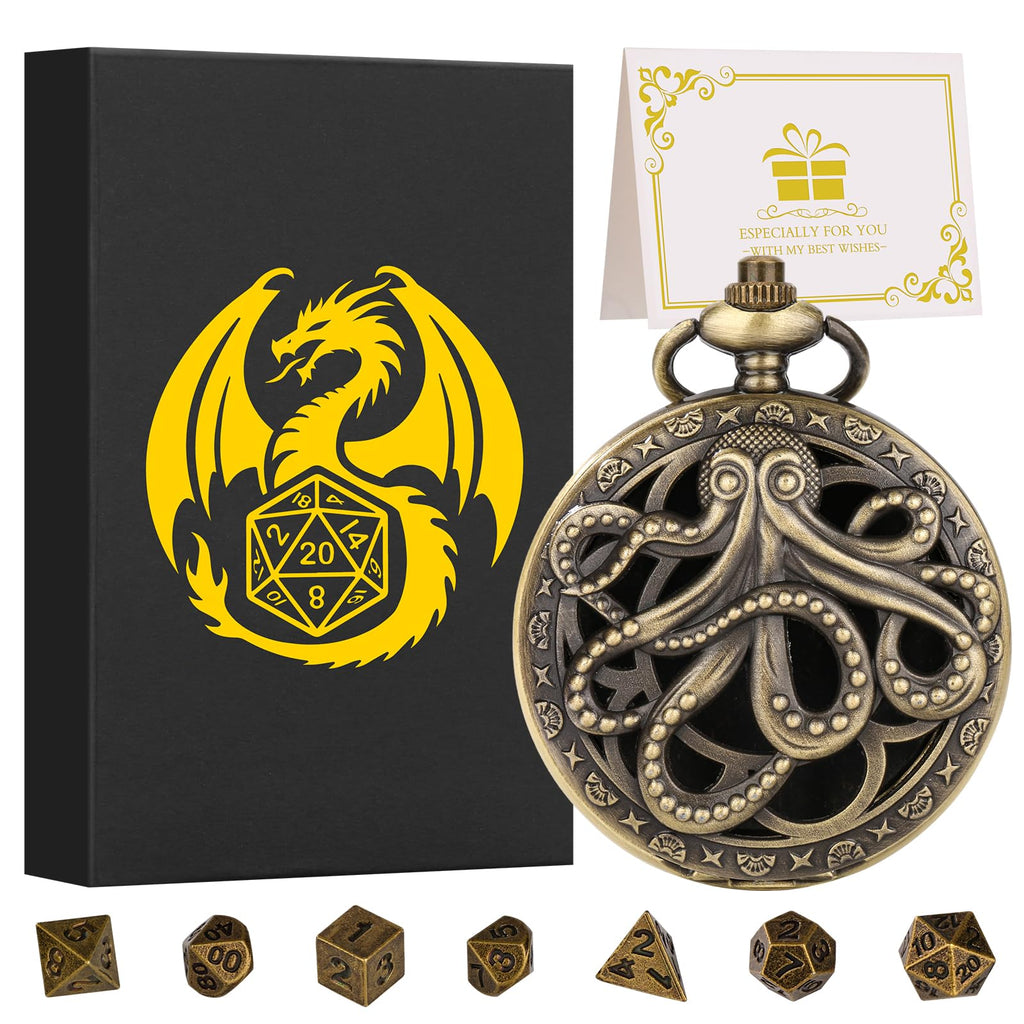 Mini DND Dice Set with Steampunk Octopus Pocket Watch Case – 7 Polyhedral Metal Dice for Role Playing Games