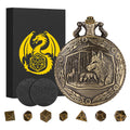 Mini DND Dice Set with Steampunk Wolf Pocket Watch Case – 7 Polyhedral Metal Dice