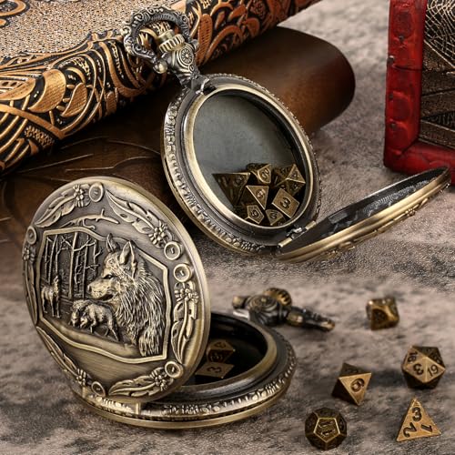Mini DND Dice Set with Steampunk Wolf Pocket Watch Case – 7 Polyhedral Metal Dice