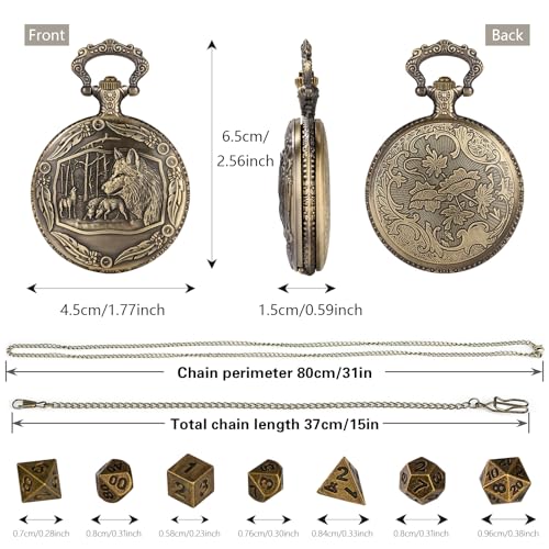 Mini DND Dice Set with Steampunk Wolf Pocket Watch Case – 7 Polyhedral Metal Dice
