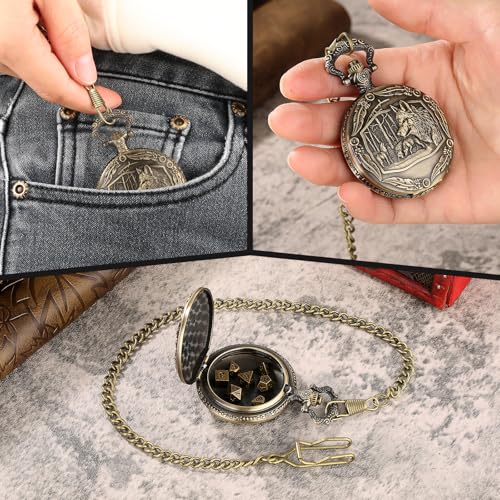 Mini DND Dice Set with Steampunk Wolf Pocket Watch Case – 7 Polyhedral Metal Dice