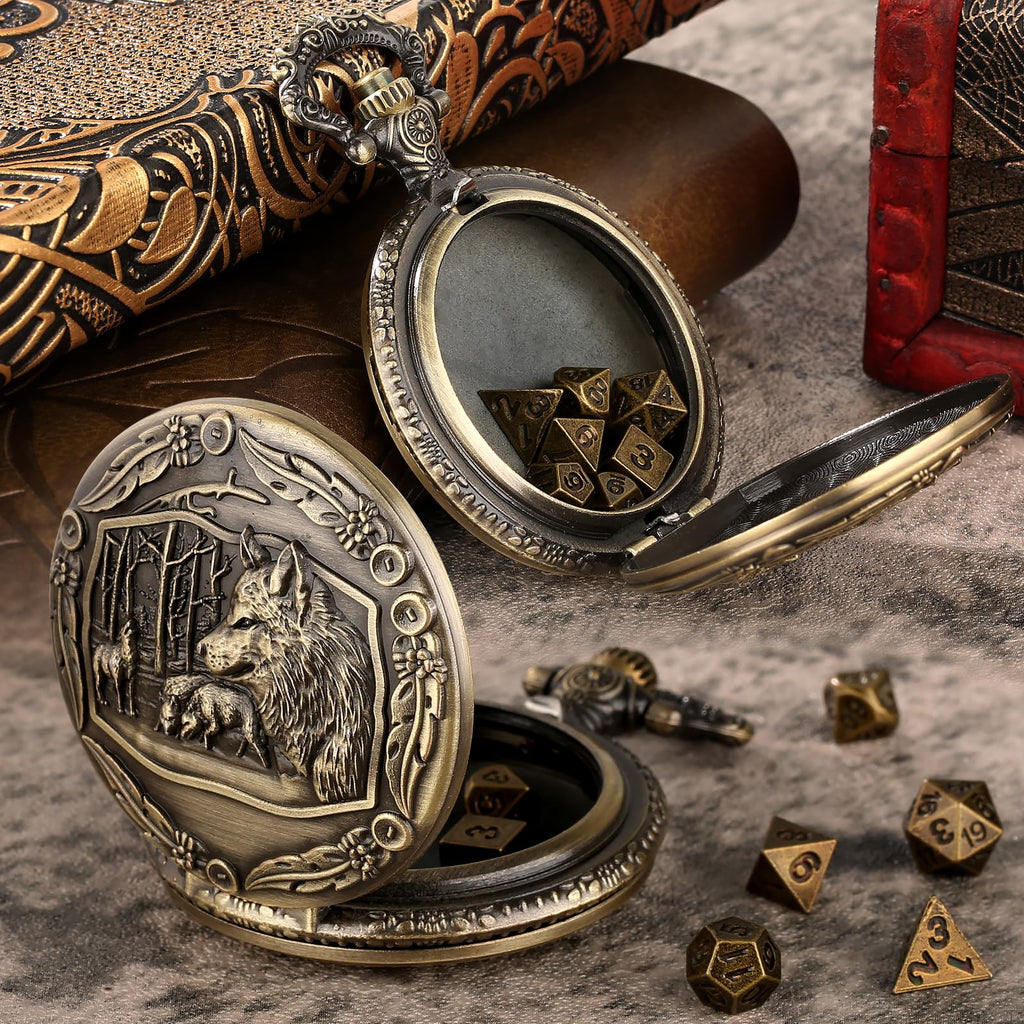 Mini DND Dice Set with Steampunk Wolf Pocket Watch Case – 7 Polyhedral Metal Dice