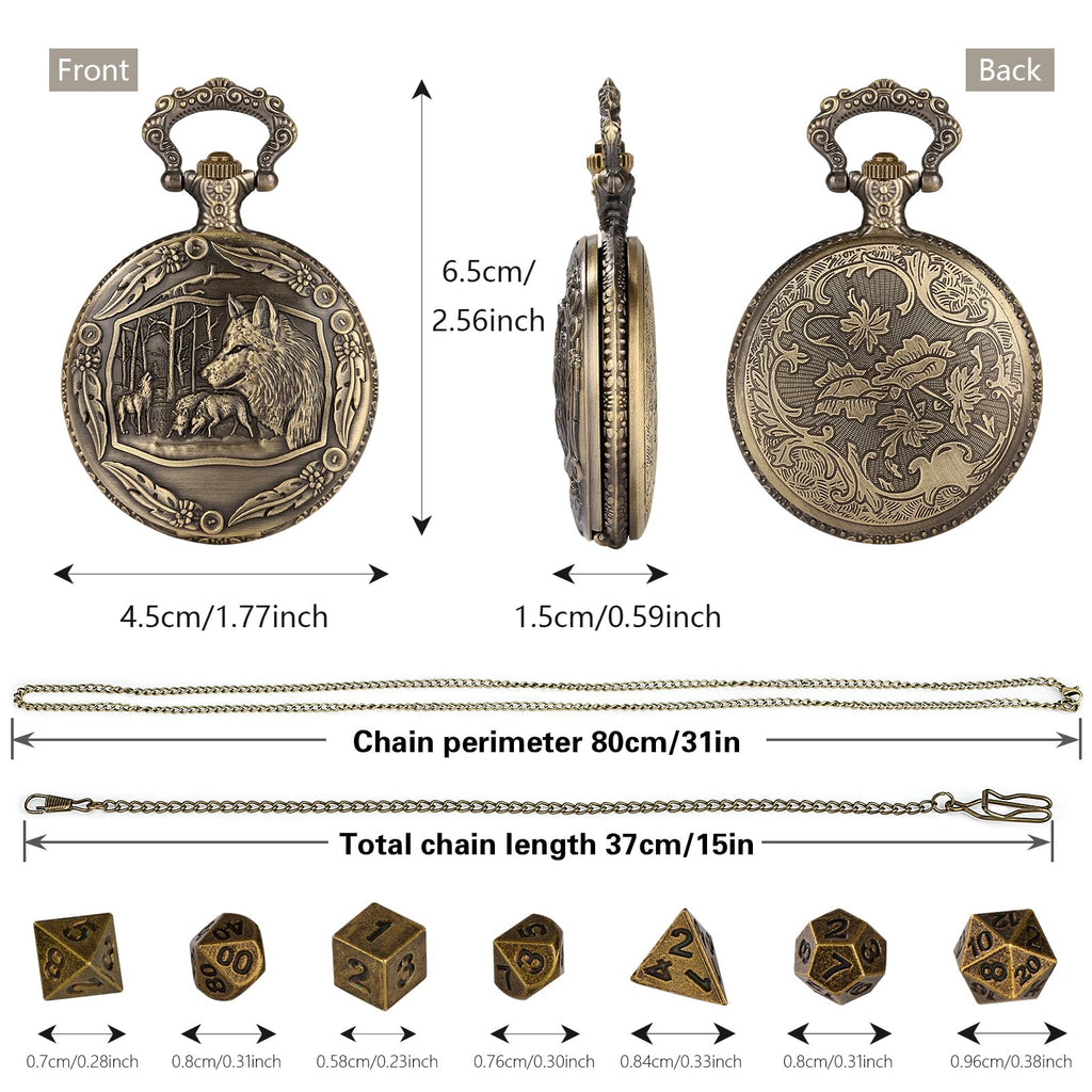 Mini DND Dice Set with Steampunk Wolf Pocket Watch Case – 7 Polyhedral Metal Dice
