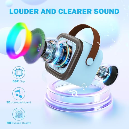 Mini Karaoke Machine for Kids & Adults - Portable Bluetooth Speaker with 2 Wireless Microphones, Blue, Voice Change Effects, LED Lights, 8-Hour Battery, Birthday Gift for Girls Ages 4-12+