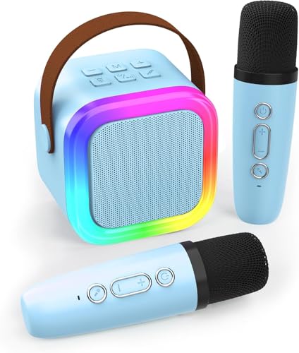 Mini Karaoke Machine for Kids & Adults - Portable Bluetooth Speaker with 2 Wireless Microphones, Blue, Voice Change Effects, LED Lights, 8-Hour Battery, Birthday Gift for Girls Ages 4-12+