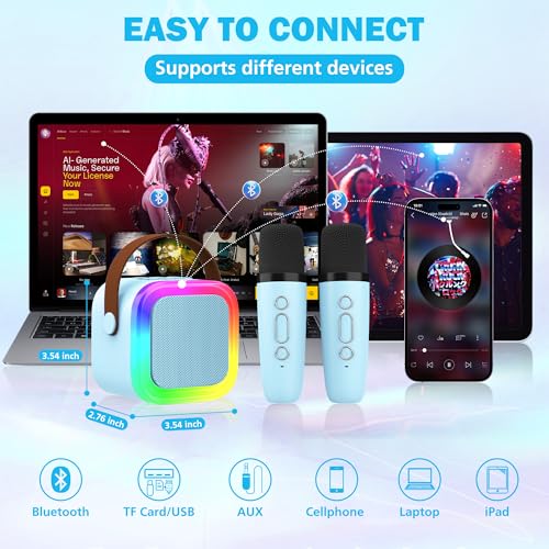 Mini Karaoke Machine for Kids & Adults - Portable Bluetooth Speaker with 2 Wireless Microphones, Blue, Voice Change Effects, LED Lights, 8-Hour Battery, Birthday Gift for Girls Ages 4-12+