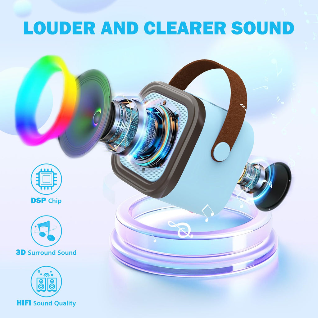 Mini Karaoke Machine for Kids & Adults - Portable Bluetooth Speaker with 2 Wireless Microphones, Blue, Voice Change Effects, LED Lights, 8-Hour Battery, Birthday Gift for Girls Ages 4-12+