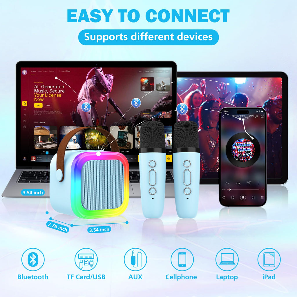 Mini Karaoke Machine for Kids & Adults - Portable Bluetooth Speaker with 2 Wireless Microphones, Blue, Voice Change Effects, LED Lights, 8-Hour Battery, Birthday Gift for Girls Ages 4-12+