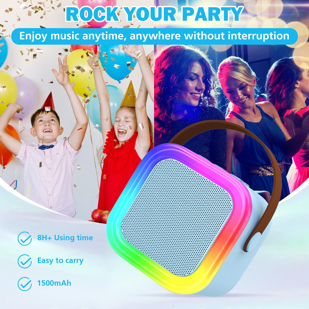 Mini Karaoke Machine for Kids & Adults - Portable Bluetooth Speaker with 2 Wireless Microphones, Blue, Voice Change Effects, LED Lights, 8-Hour Battery, Birthday Gift for Girls Ages 4-12+