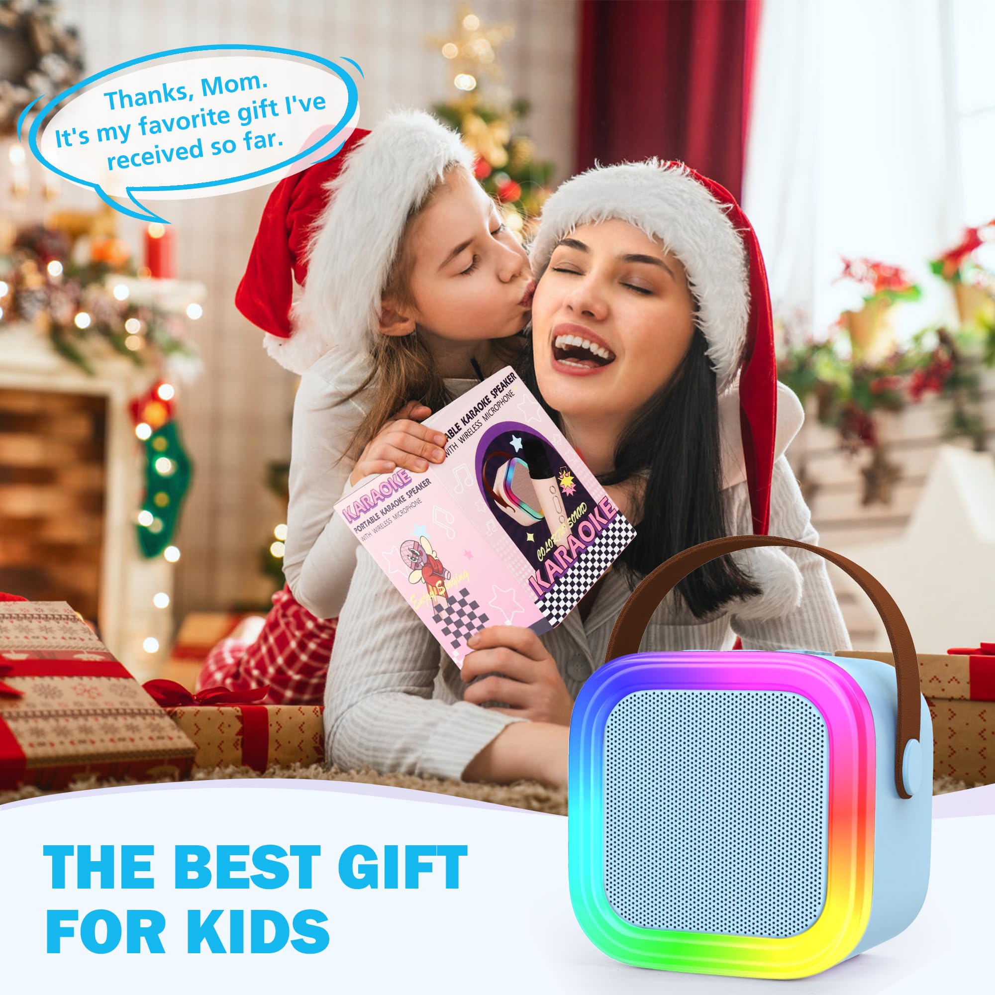 Mini Karaoke Machine for Kids & Adults - Portable Bluetooth Speaker with 2 Wireless Microphones, Blue, Voice Change Effects, LED Lights, 8-Hour Battery, Birthday Gift for Girls Ages 4-12+