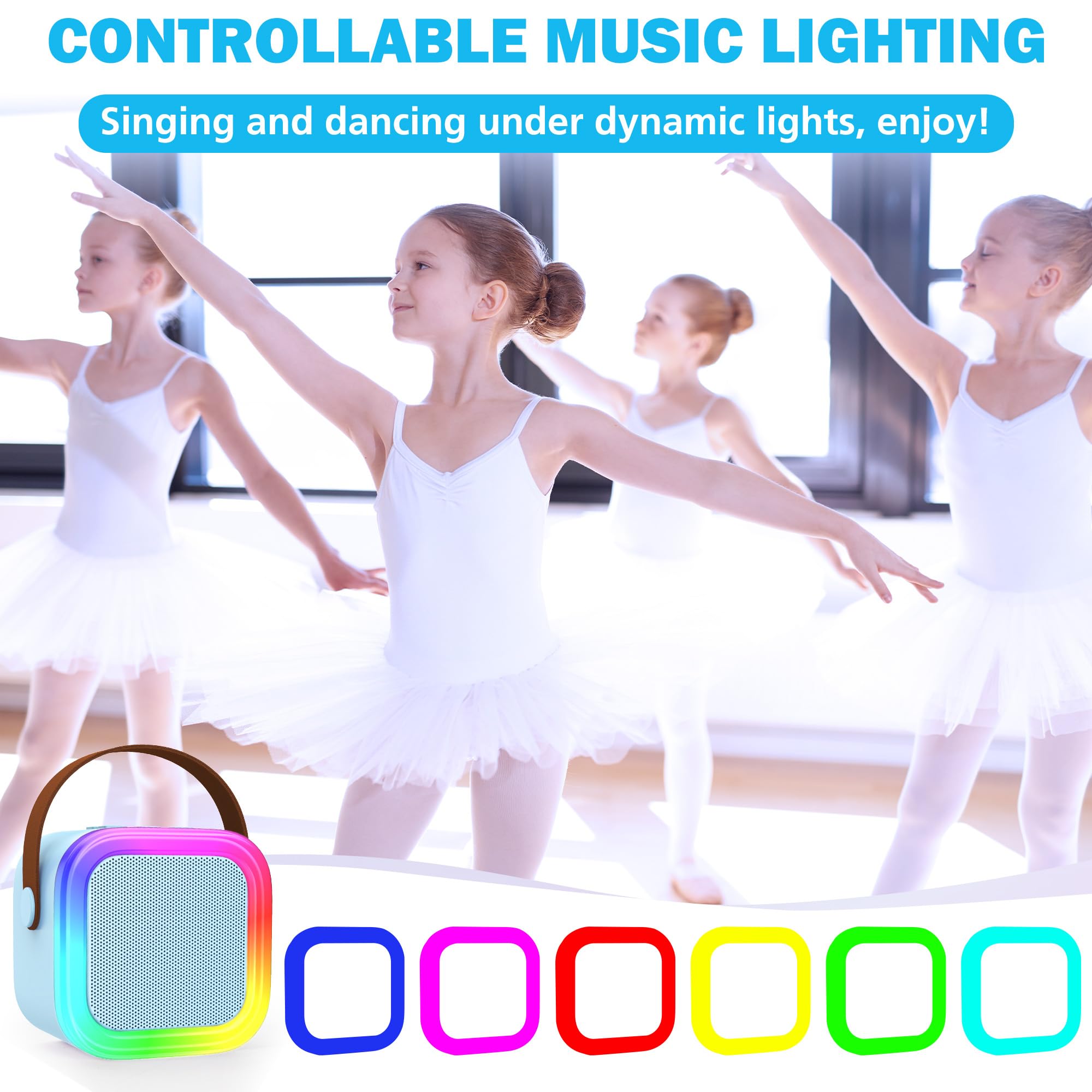Mini Karaoke Machine for Kids & Adults - Portable Bluetooth Speaker with 2 Wireless Microphones, Blue, Voice Change Effects, LED Lights, 8-Hour Battery, Birthday Gift for Girls Ages 4-12+