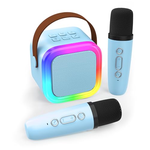 Mini Karaoke Machine for Kids & Adults - Portable Bluetooth Speaker with 2 Wireless Microphones, Blue, Voice Change Effects, LED Lights, 8-Hour Battery, Birthday Gift for Girls Ages 4-12+
