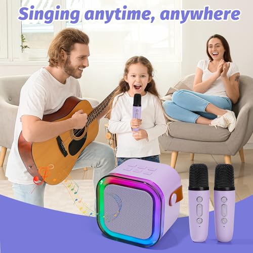 Mini Karaoke Machine for Kids with 2 Wireless Mics and 5 Voice Effects, Purple
