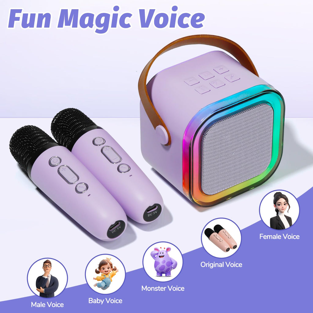 Mini Karaoke Machine for Kids with 2 Wireless Mics and 5 Voice Effects, Purple