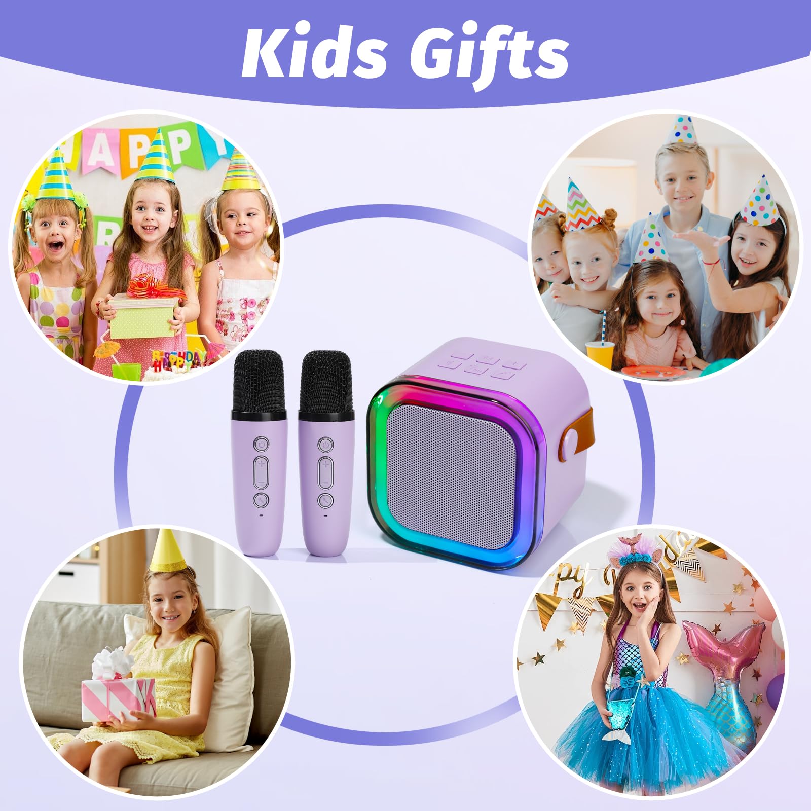 Mini Karaoke Machine for Kids with 2 Wireless Mics and 5 Voice Effects, Purple
