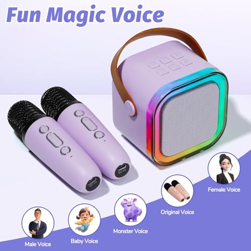 Mini Karaoke Machine for Kids with 2 Wireless Mics and 5 Voice Effects, Purple