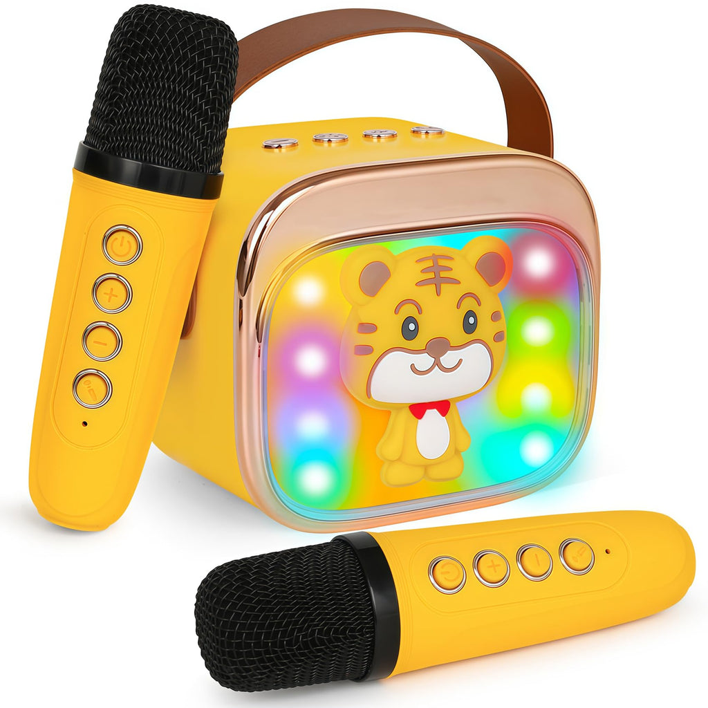 Mini Karaoke Machine for Kids with 2 Wireless Mics, Bluetooth 5.4, Voice Changer, LED Lights - CZTCDP