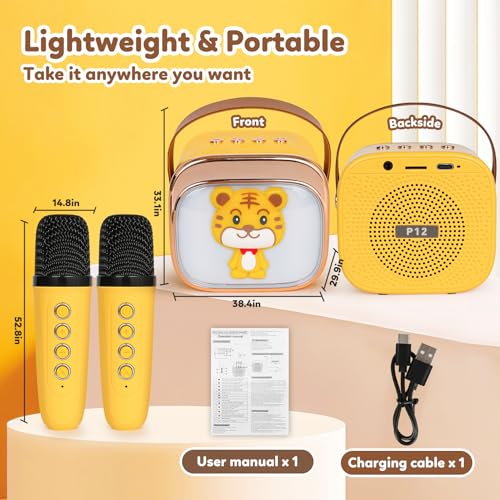 Mini Karaoke Machine for Kids with 2 Wireless Mics, Bluetooth 5.4, Voice Changer, LED Lights - CZTCDP