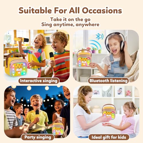 Mini Karaoke Machine for Kids with 2 Wireless Mics, Bluetooth 5.4, Voice Changer, LED Lights - CZTCDP