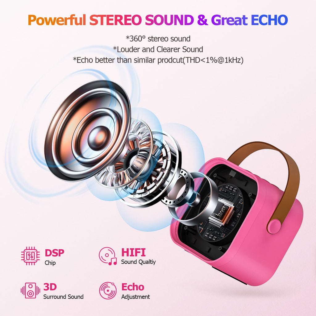 Mini Karaoke Machine for Kids with 2 Wireless Mics – Portable Bluetooth Speaker for Travel, Classroom, & Outdoor Fun